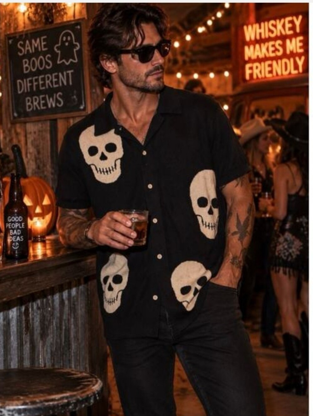 Retrofit Black Skulls Short Sleeve Button-Down Sweater NWT